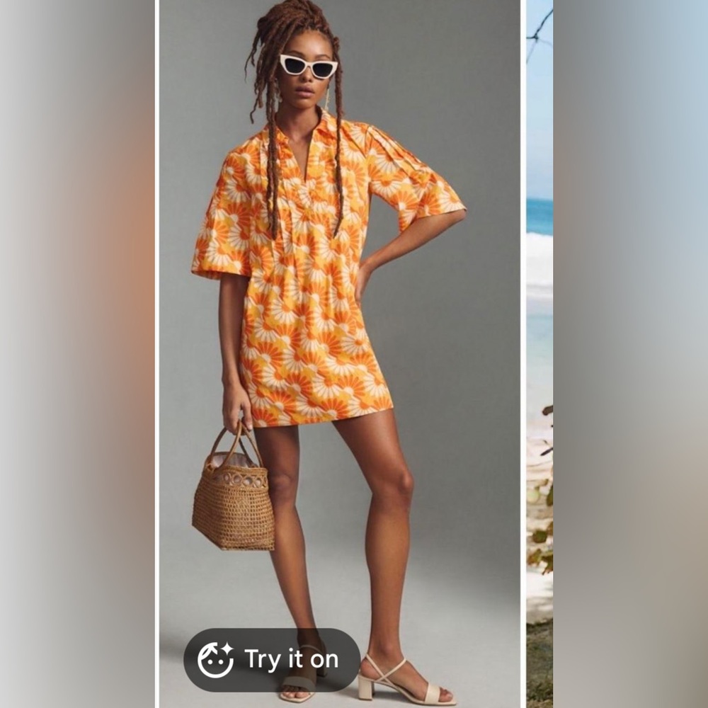 Anthropologie Maeve printed v neck tunic dress in orange daisy floral